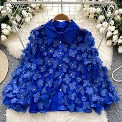 Basics 3D Floral Rhinestone Polo-neck Fashion Single Breasted Casual Lantern Sleeves Loose Top French High Street Women Blouse