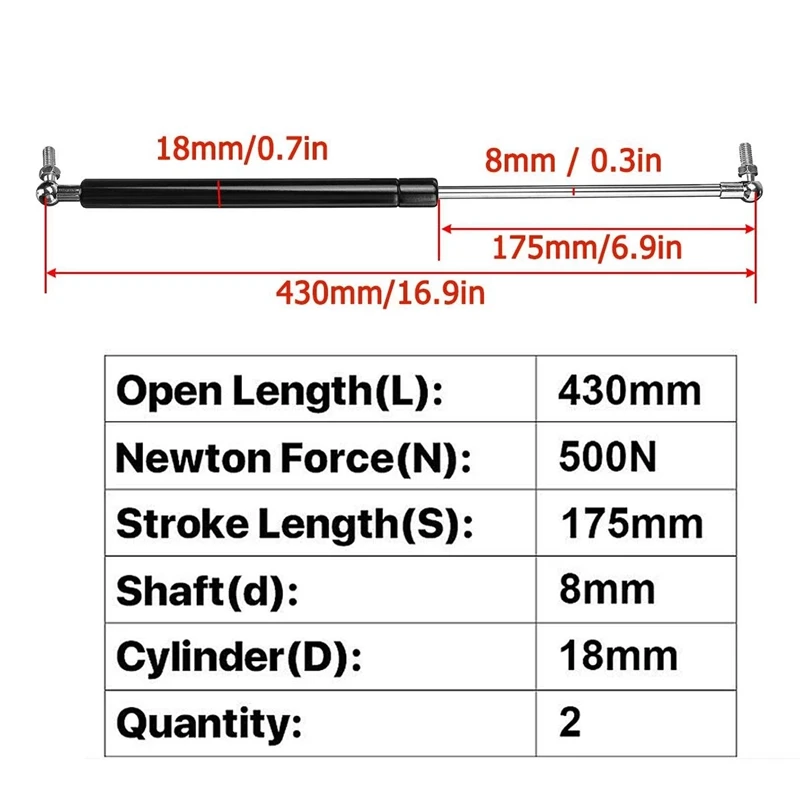 2Pcs 430Mm 550N M8 Universal Car Strut Bars Gas Strut Spring Support For Window Van Tractor Bus Lorry RV Trunk Trailer