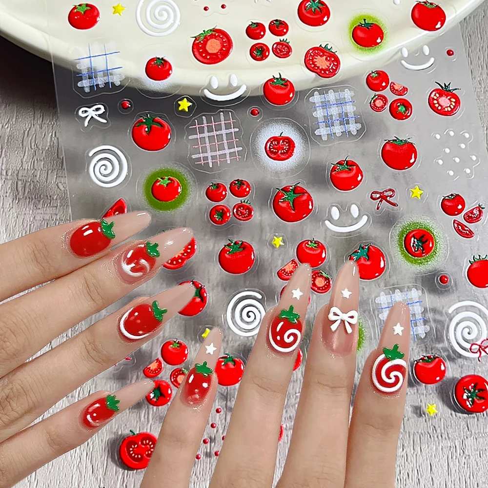 1개 5D 쥬시 레드 토마토 네일 아트 스티커 귀여운 젤리 보우 노트 화이트 소용돌이 롤리팝 디자인 네일 데칼 Y2K 과일 매니큐어 데코