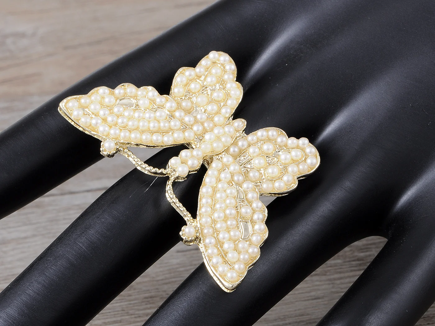 Faux Pearl Beaded Golden Tone Butterfly Spread Beautiful Cute Fashion Sized Ring