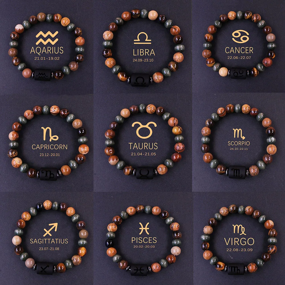 

Twelve Constellation Bracelet Men and Women Couple Imitation Tiger Eye Stone Handmade Beaded HandString Taurus Capricorn Scorpio