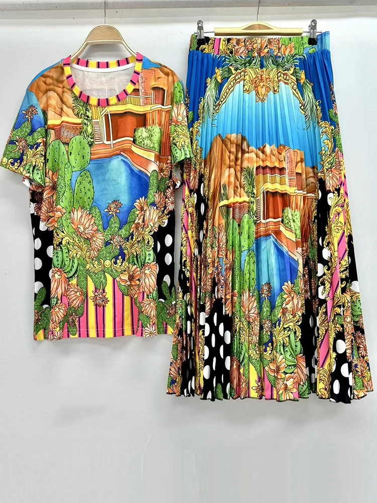 Geometrically printed T-shirt with round neck and short sleeves+big swing skirt Spring and summer two-piece dress elegant suit image 6