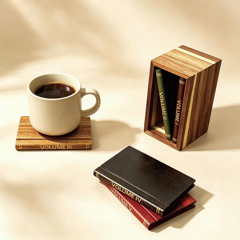 Book Coasters Set of 5 Wood Coasters with Stand Vintage Bar Coasters Cup Mat for Drinks Coffee Tea & Cocktail Library Decor Gift