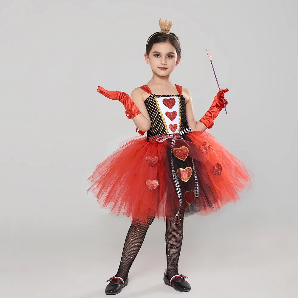 Girls Red Queen of Hearts Costumes Girls Alice in Wonderland Fancy Dress Kids Carnival Halloween Outfit with Crown Magic Stick