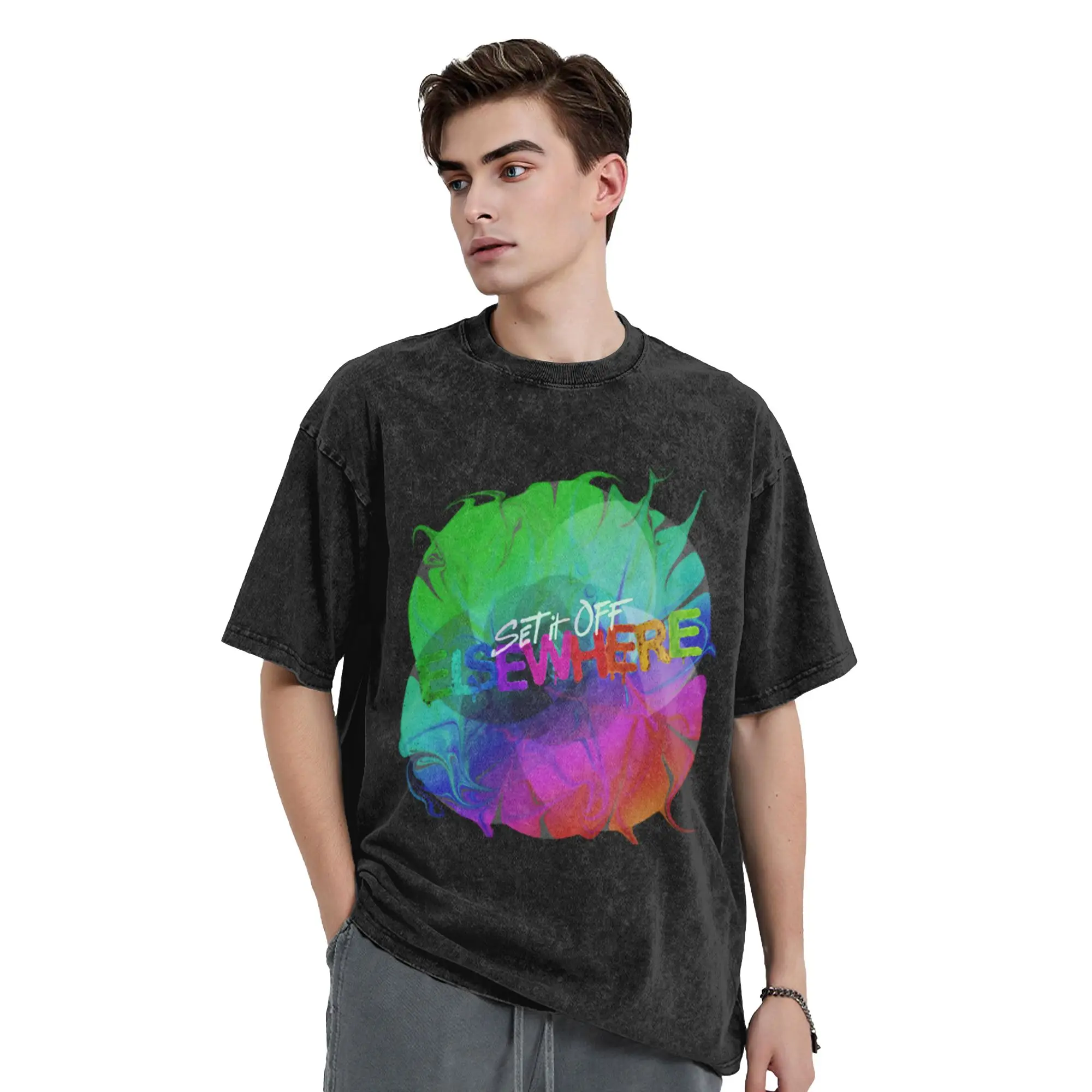 Set it Off Elsewhere Album Rainbow melt Classic Chic A Washed T Shirt Men's Women's Oversized Cotton Tees Tops