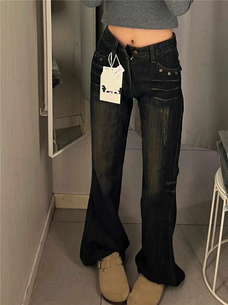 Women's Low Rise Jeans Gyaru Flared Denim Pants American Retro Skinny Jeans Korean Y2k Japanese Bell Bottom Y2k Harajuku 2000s