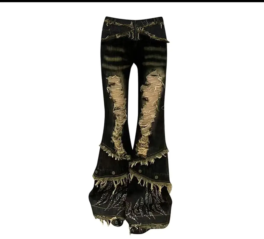Jean évasé en détresse Y2k, Style japonais des années 2000, noir, Vintage, Punk, taille haute, pantalon en Denim, esthétique Grunge