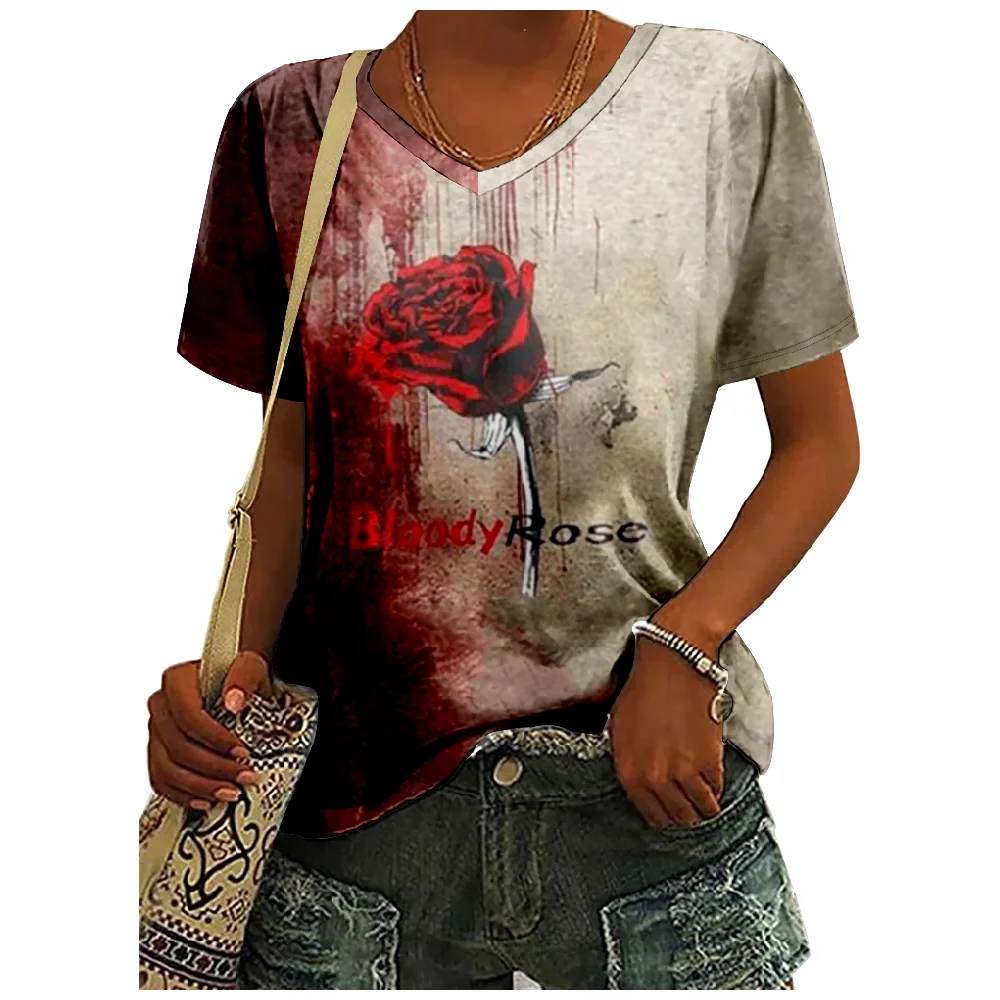 I Am Fine Blood Rose Print Funny T Shirts for Women Summer Girls Tees Female Harajuku Blouse V-neck Short Sleeve Clothes