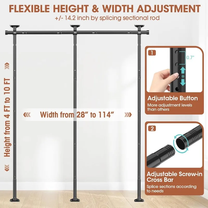 Room Divider No Drilling Curtain Rod Wall Divider for Room Separation, 4-10ft(H) 28-114inch(W) Adjustable