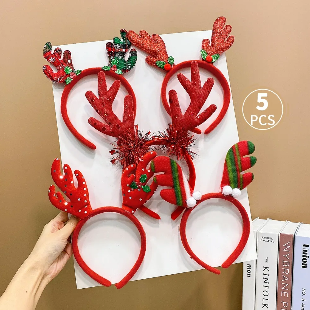 

5PCS Elk Antler 2025 Headband Snowman Adults Kids Christmas Hair Hoop Headwear Headdress Santa's Hat New Year Hairband