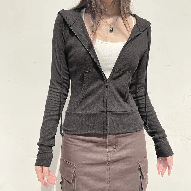 Sudadera con capucha con cordón en la cintura de Color sólido europeo americano Otoño Invierno bolsillo con cremallera chaqueta cárdigan empalmada