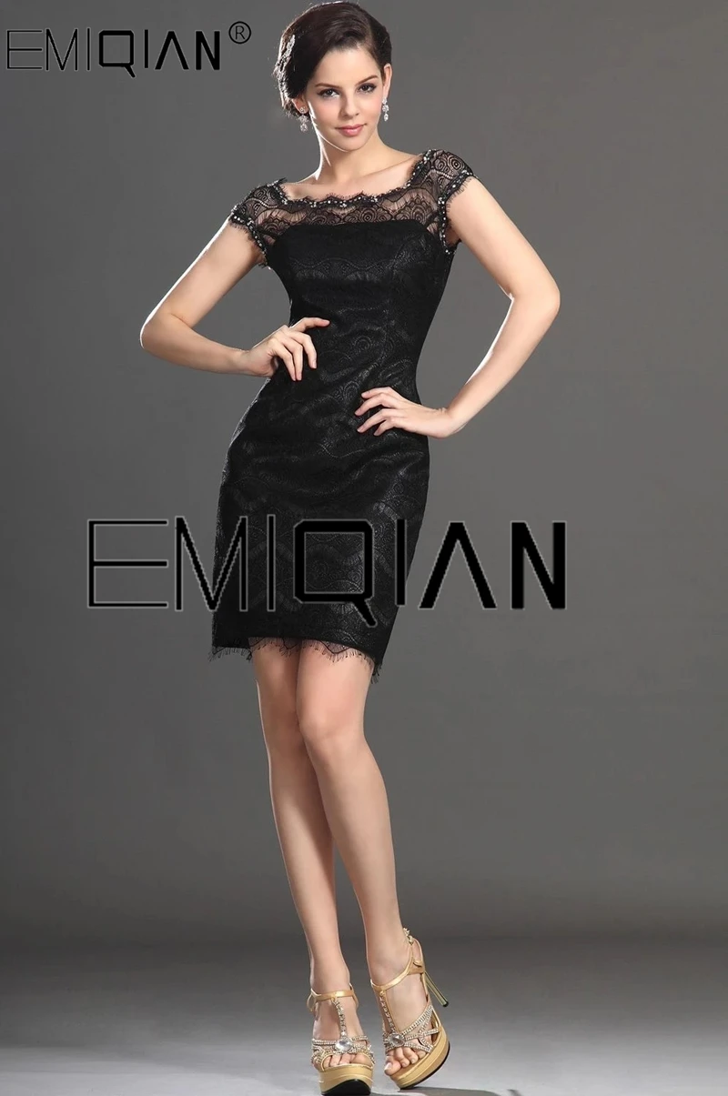 

New Scoop Cap Sleeve Black Lace Cocktail Dress Short Black Party Dress