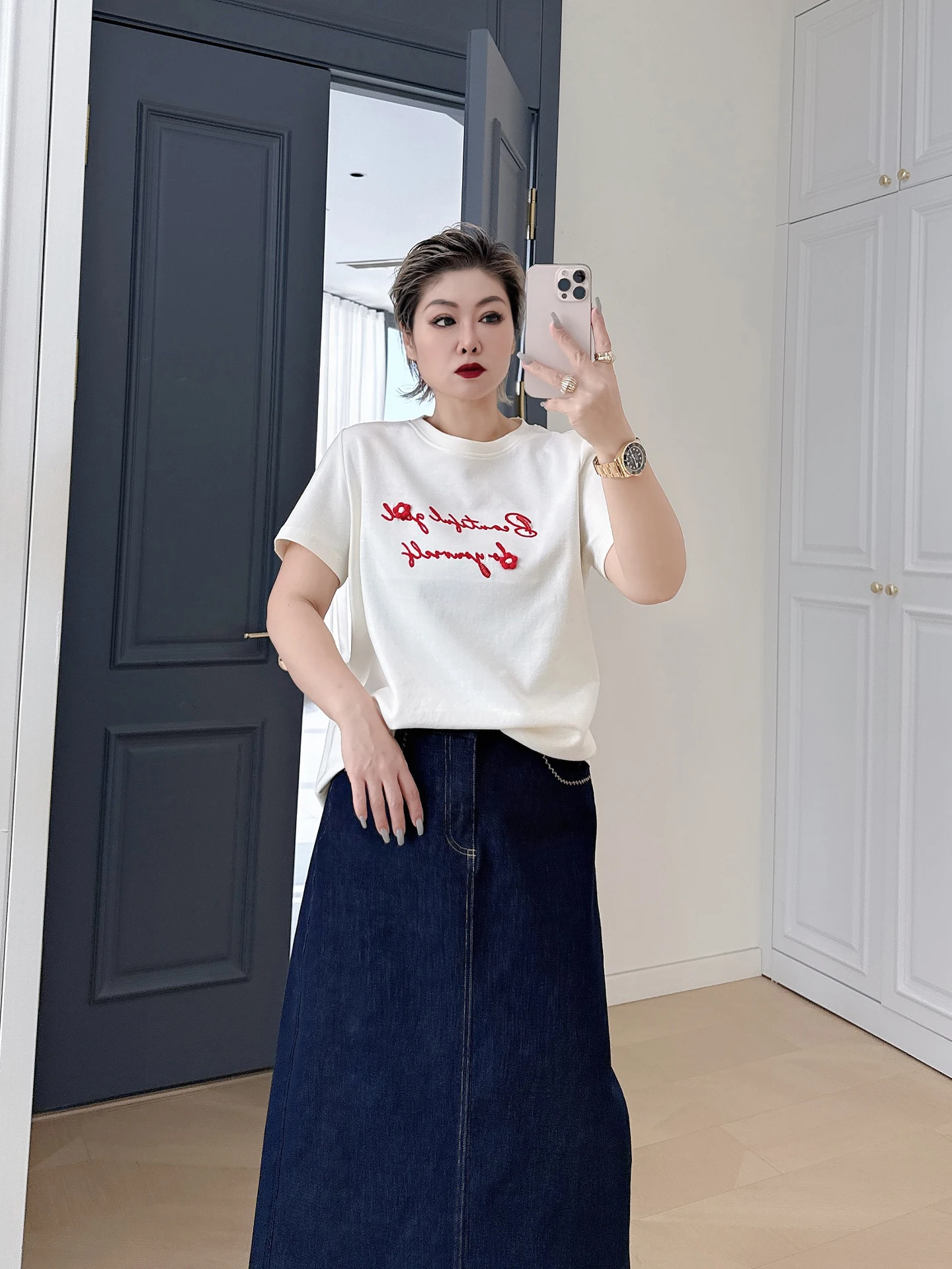 

plus Size Women's round Ne ort Sve T-irt Embroidered Color Blo Loose Fit Slimming Versatile Casual Cotton Blend