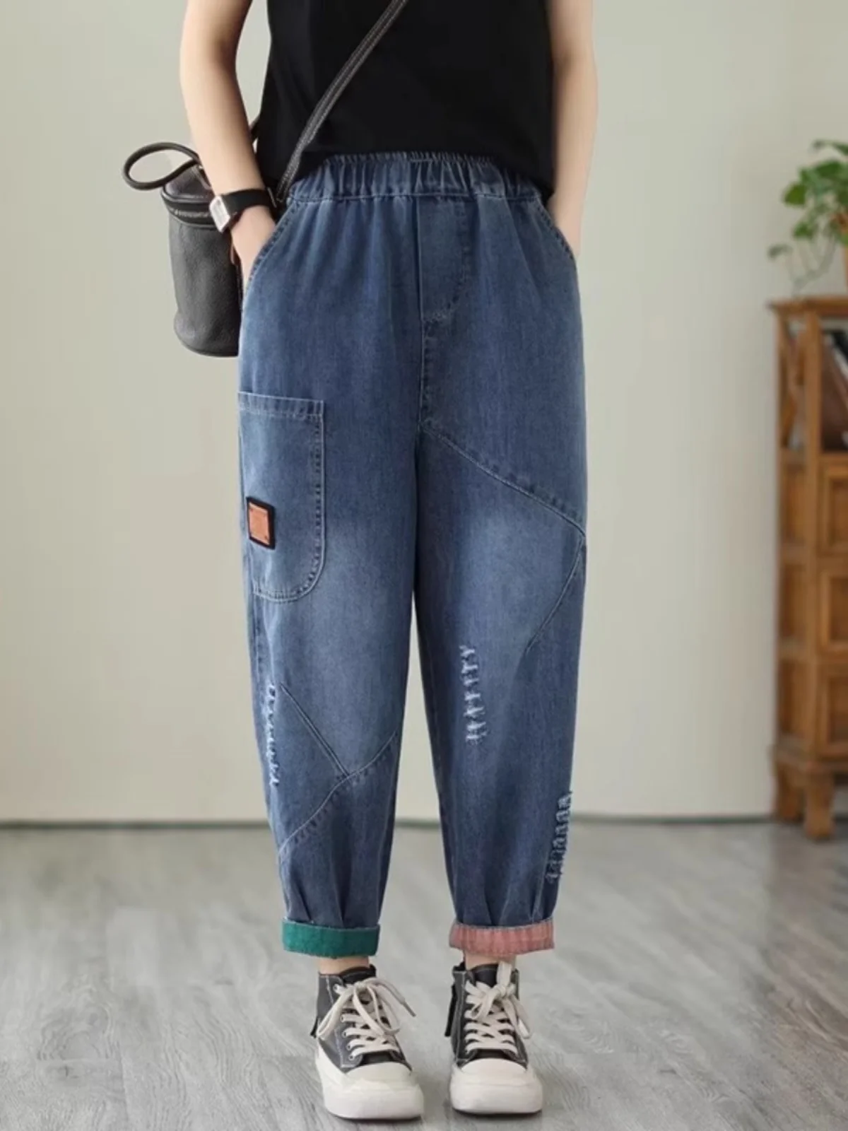

Loose Harlan Jeans Women's Denim Pants Middle-Aged Mom Trendy plus Size Carrot Shape High Waist Cotton Stretch Fabric All Sea...