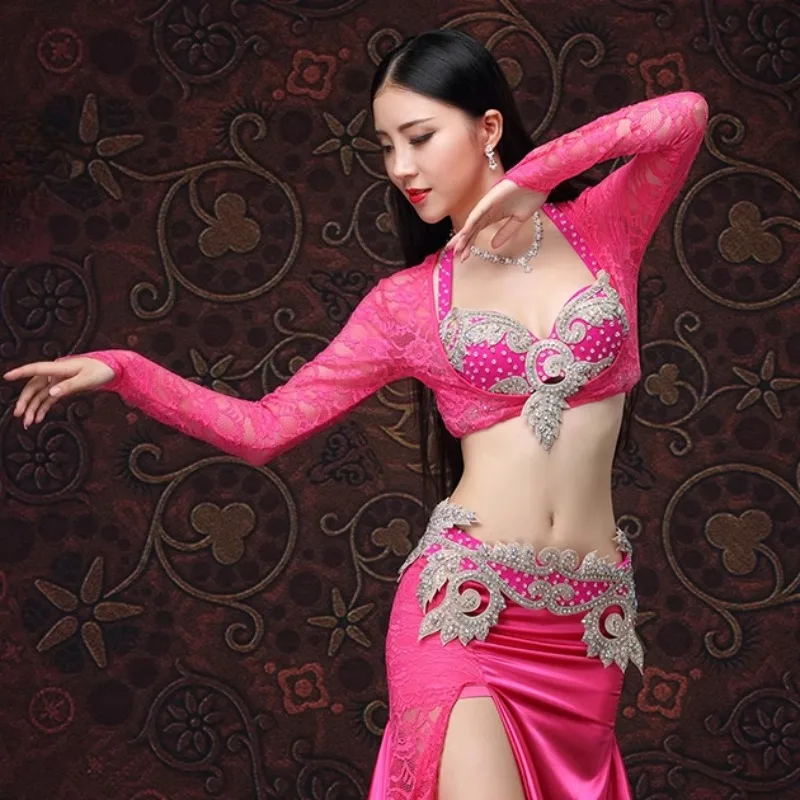 Trajes de dança do ventre personalizados, sutiã de malha, suporte no peito, base curta de manga comprida, gaze de água, camisola de dança oriental em forma de u