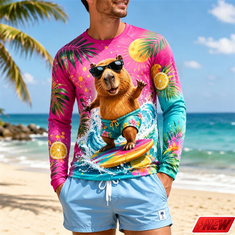 Long Sleeve T Shirt Men 3d Print Cool Funny Surfing Capybara Sunglasses Pattern Tee Tropical Palm Lemon Print Tee Casual Tops