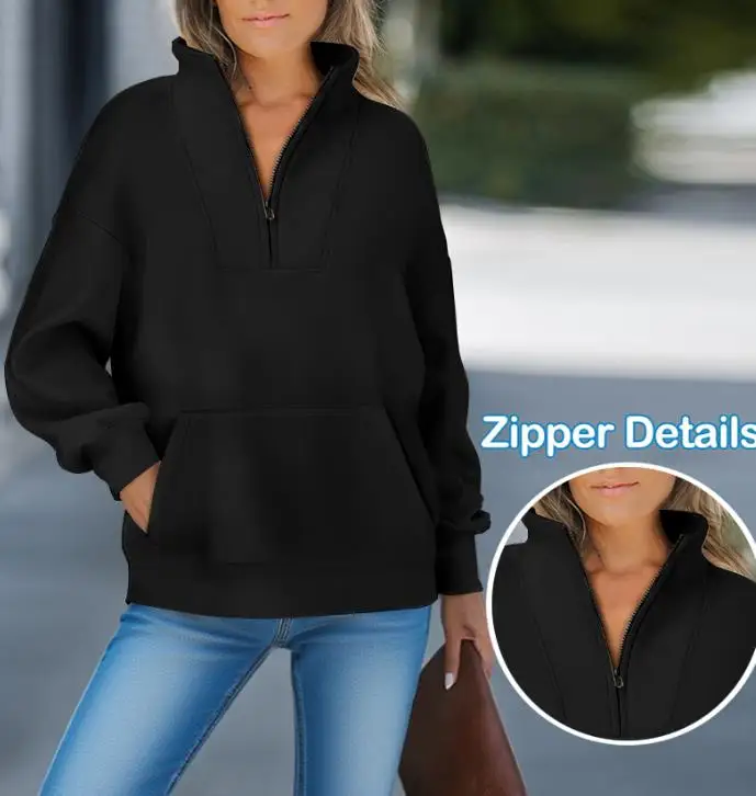 Women's Sweatshirts 2025 Spring Autumn New High Neck Half Zip Long Sleeve Kangaroo Pocket Sweatshirt Casual Drop Shoulder Top
