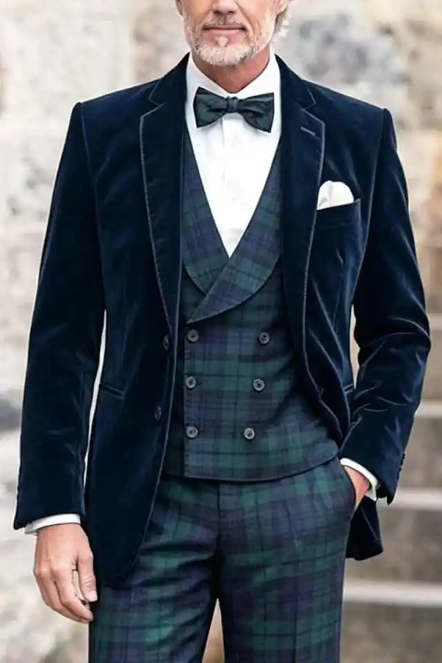 Vintage Wedding Tuxedos Checked 3 Piece Set Jacket Vest Pants Men Suit Notched Lapel Single Breasted Groom Blazer Customized