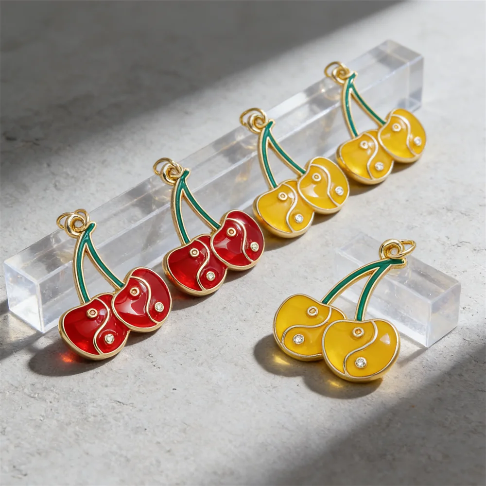 3Pcs Pendants Brass Enamel Cherry Charms for DIY Jewelry Necklace Bracelet Making Trendy Sweet Style Accessories for Men Women