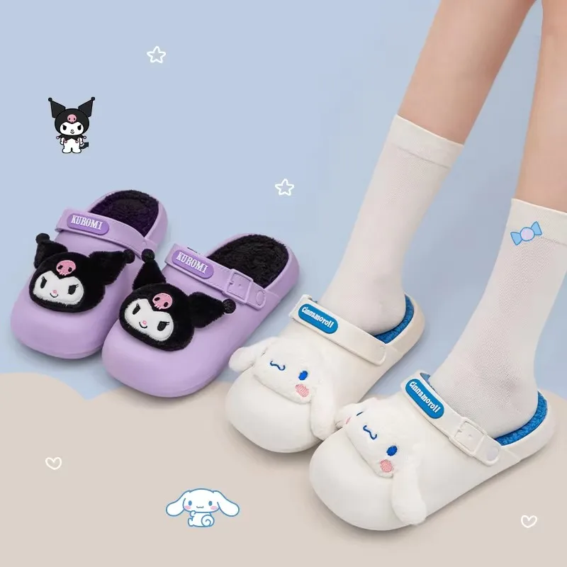 Kawaii Sanrio Hello Kitty Kuromi kapcie damskie Cinnamoroll Cartoon śliczne wodoodporne miękkie futro ciepłe kryty buty domowe klapki japonki