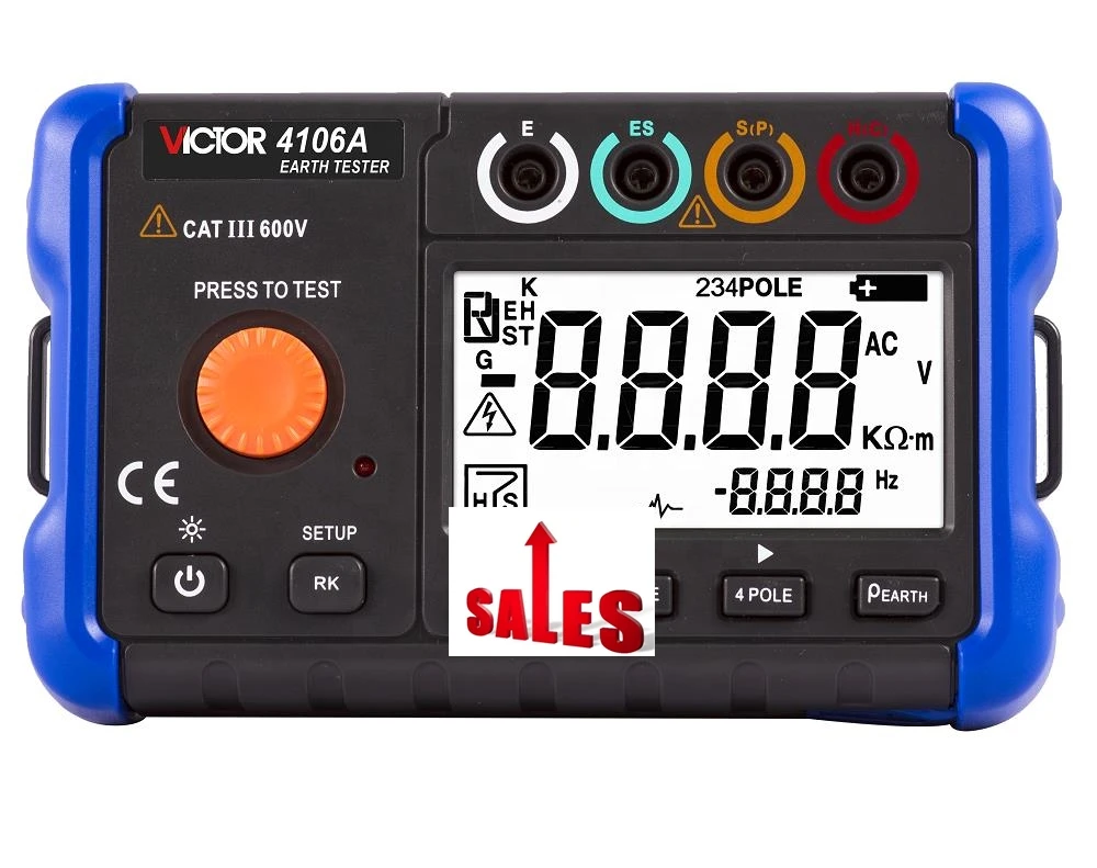 VICTOR 4106A Earth Resistance Tester 3-Pole 4-Pole Method Measurement AC True RMS  Backlight Soil resistivity measurement