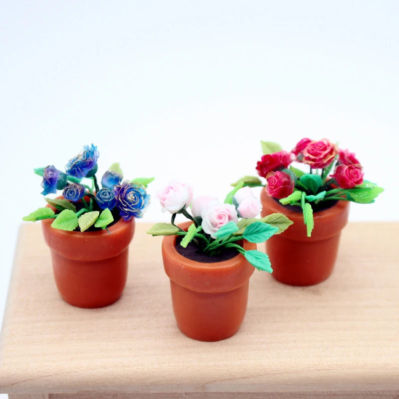 1Pcs 1:12 Dollhouse Simulation Rose Potted Plant Miniature Green Plant In Pot Potted Plants Model Desktop Decoration