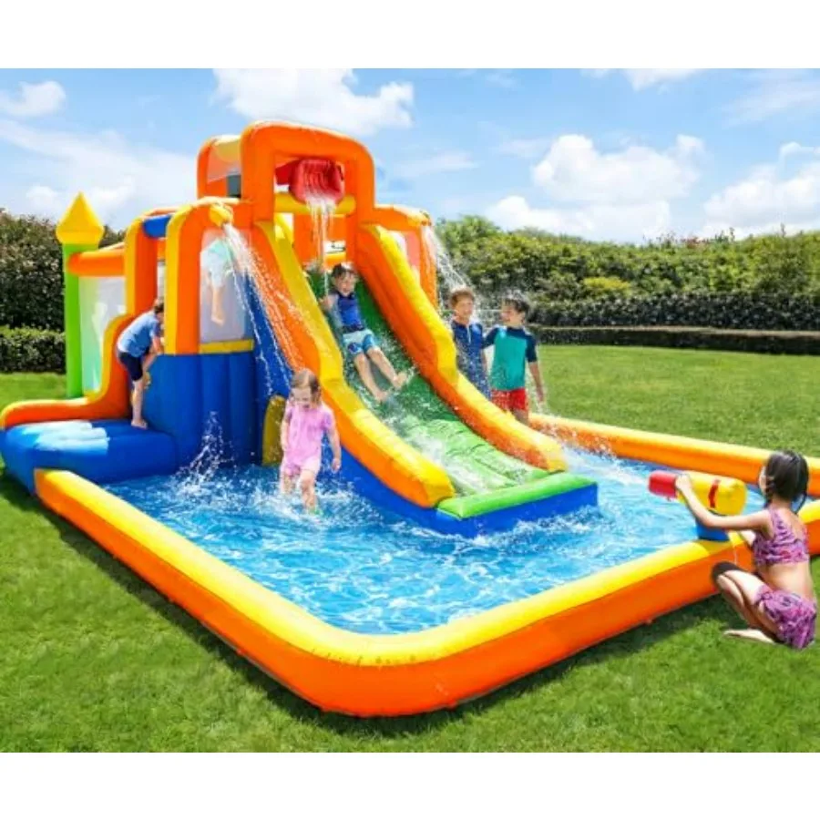 

Backyard waterpark for kids party: heavy-duty vinyl, blue/red, 3 climbing routes + tall slide + dry jumping + 4-sprayer + splas