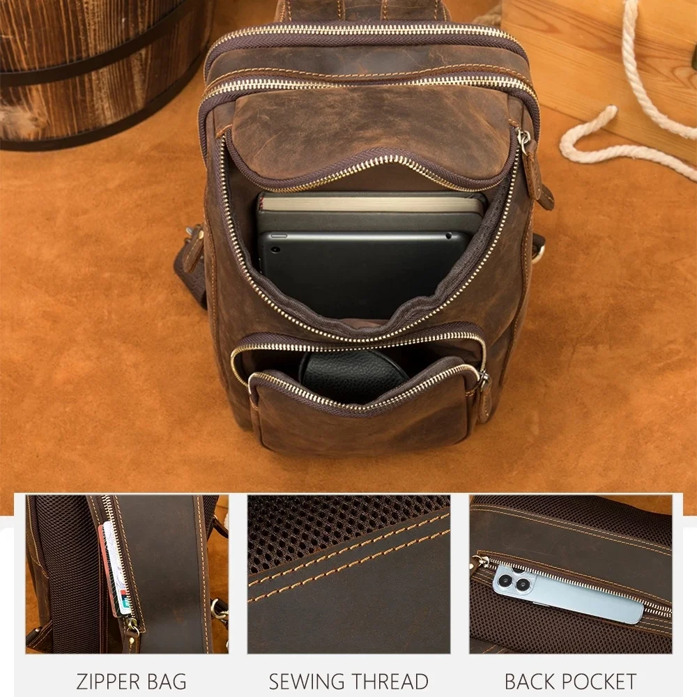 Men Leather Bagpack Shoulder Cross Body Chest Bag Genuine Leather Cowskin Chest Pack For Outdoor Travel Messenger Bag Riding