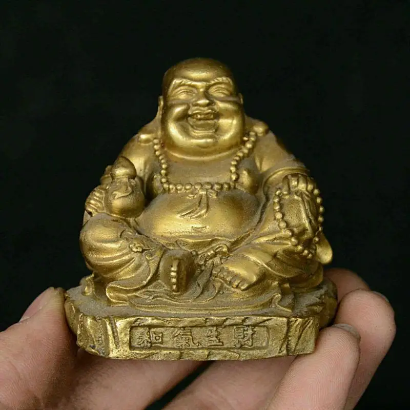 

Old China Buddhism Temple Copper Bronze Happy Laugh Maitreya Buddha Gourd Staute Statues for Decoration Collection Ornaments