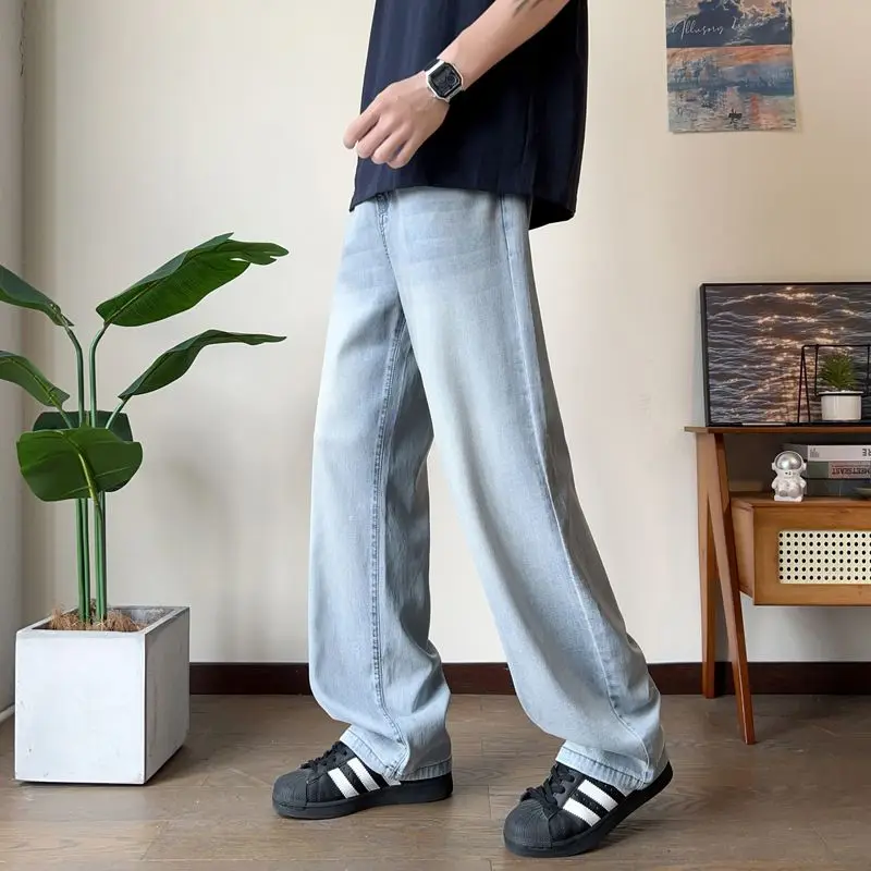 صيف جديد فضفاض جان للرجال أزرق فاتح مستقيم واسعة الساق مطرزة المألوف عادية الدينيم السراويل الطويلة الذكور فضفاض الجينز رجل