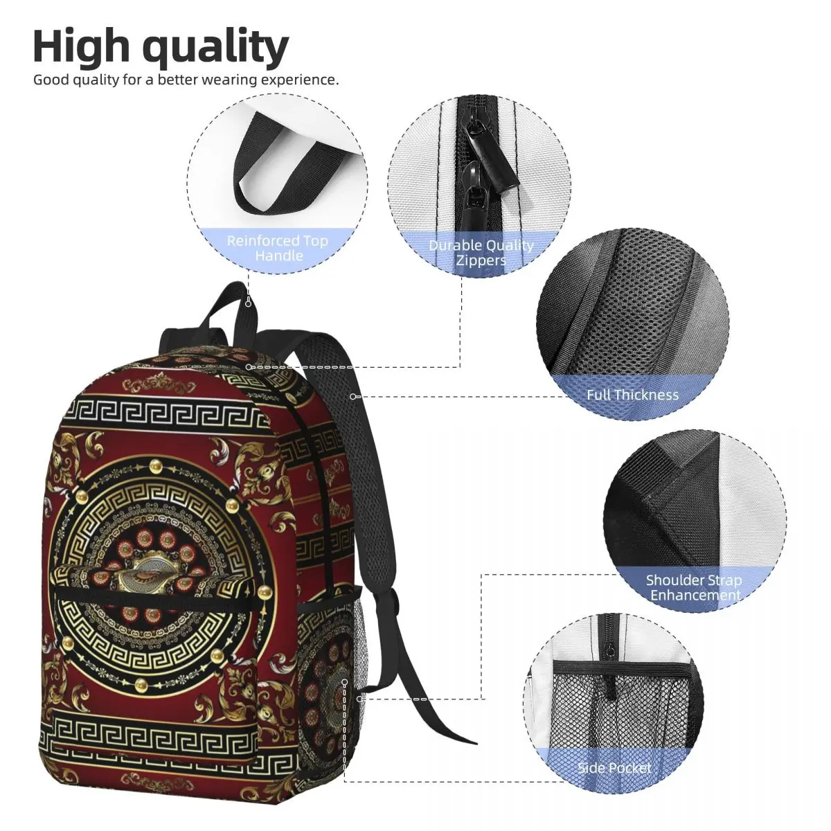 Greek Key Meander Red Gold Black Medallion Baroque Backpack Daypack Children BookBag School Bag Shoulder Bags for Men Women