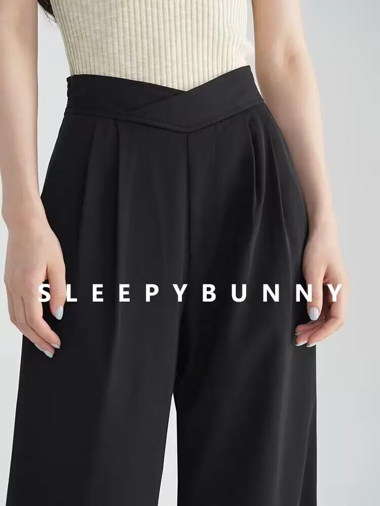 Women High-Waist Gray Wide-Leg Trousers 2025 Spring Autumn Petite Loose Fit Straight Suit Pants Elegant Casual Draped Slacks