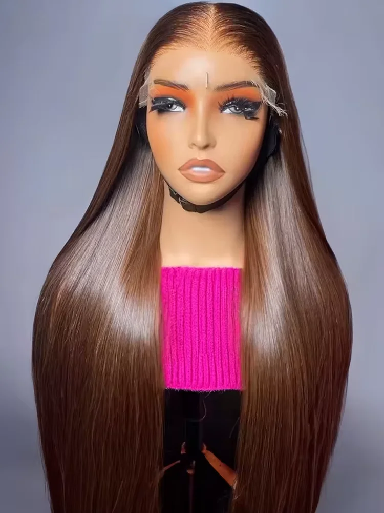 

Шоколадно-коричневые прямые парики 13x4, прозрачные кружевные фронтальные предварительно выщипанные бразильские человеческие волосы Remy