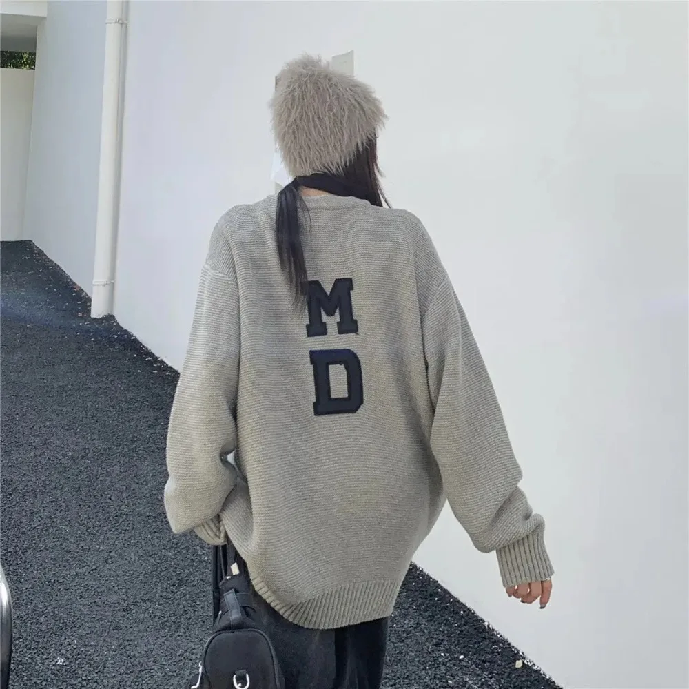 Human Made Unisex Appliqué Letter Sweater V-neck Oversized Ins Trendy Knitwear Casual Top Outerwear