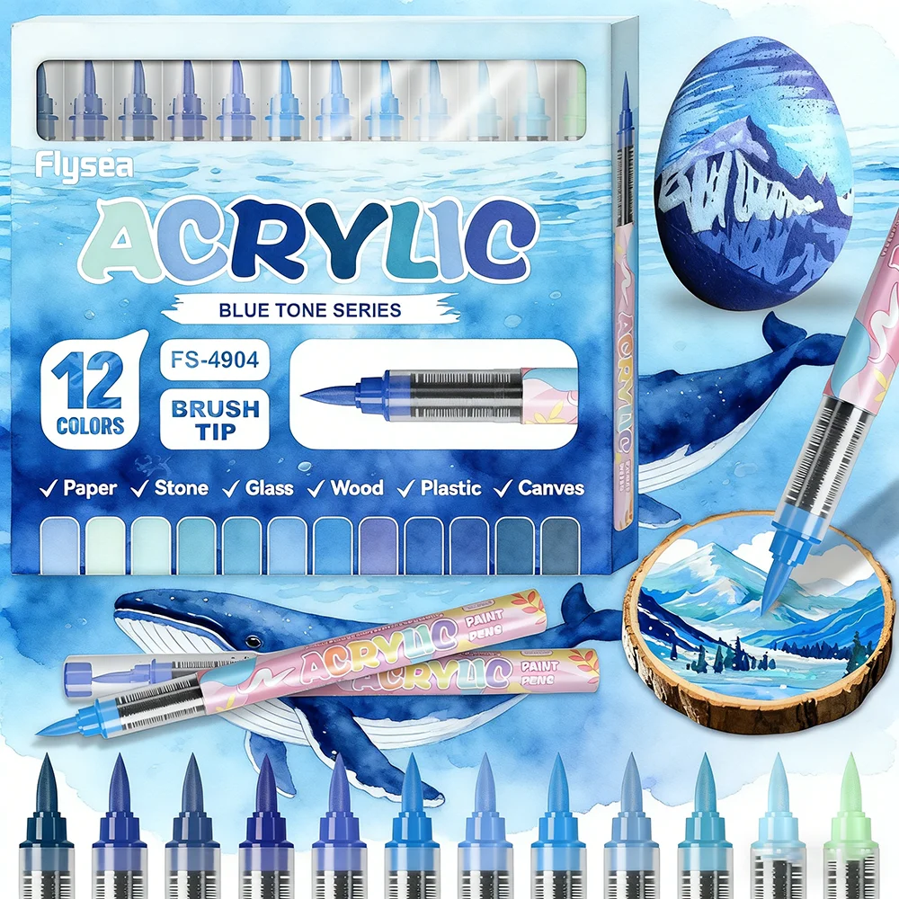 

Blue Tone Acrylic Paint Pens Flexible Brush Tip Acrylic Markers for Adult Coloring Books Wood Rock Painting Canvas Ceramic Glass