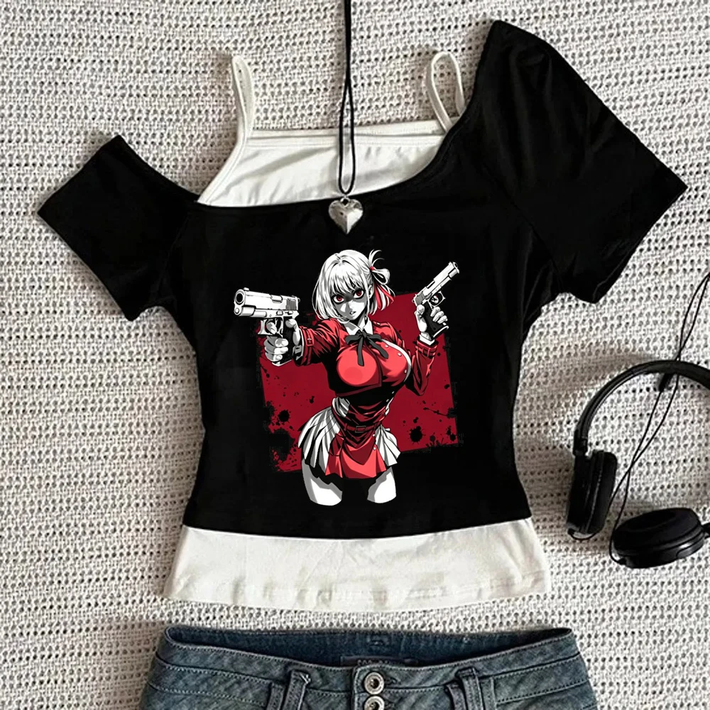 Lycoris Recoil crop top female scene  vintage korean fashion streetwear top tees summer kawaii japanese graphic cheap