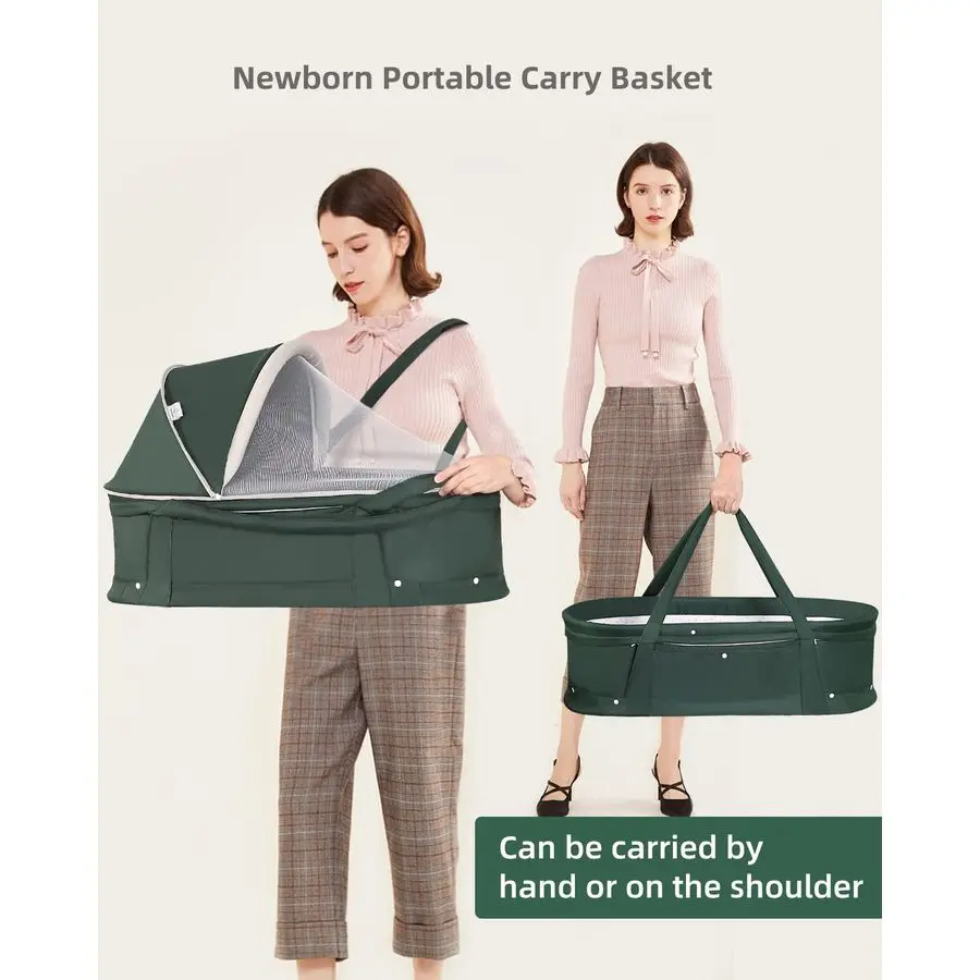 سرير سفر محمول مع مظلة 2 في 1 لحديثي الولادة باللون الأخضر