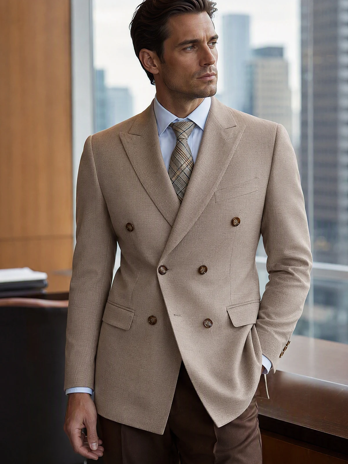 ST Cassy High Quality Men's Suit Khaki Slim Fit Double Breasted 2-Piece Set Jacket+Pants Premium Business Casual Formal Wear