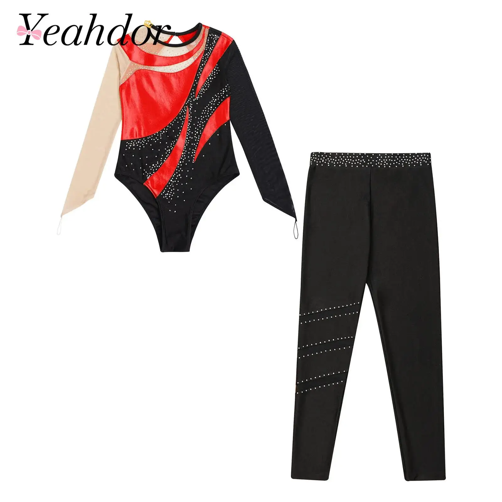 Kids Girls Metallic Ballet Dance Leotard with Leggings for Teens Gymnastics Outfit Long Sleeve Skating Jumpsuit Dancewear Sets