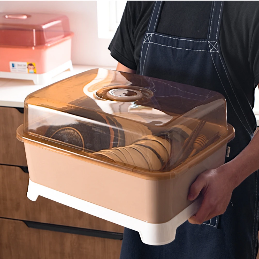 

1pc Dish Rack Storage Box Kitchen Water Draining Shelf Tableware Box with Lid PP Material Long Lasting Use Clean Kitchen Storage