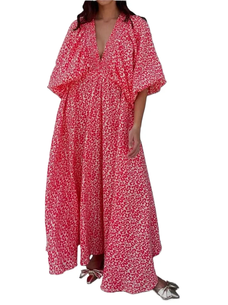 Blumenkleid Modischer Druck Sommer Neuer Ins-Stil Großes Swing-Kleid Damen Lose Laternenärmel Mittelärmeliger langer Rock