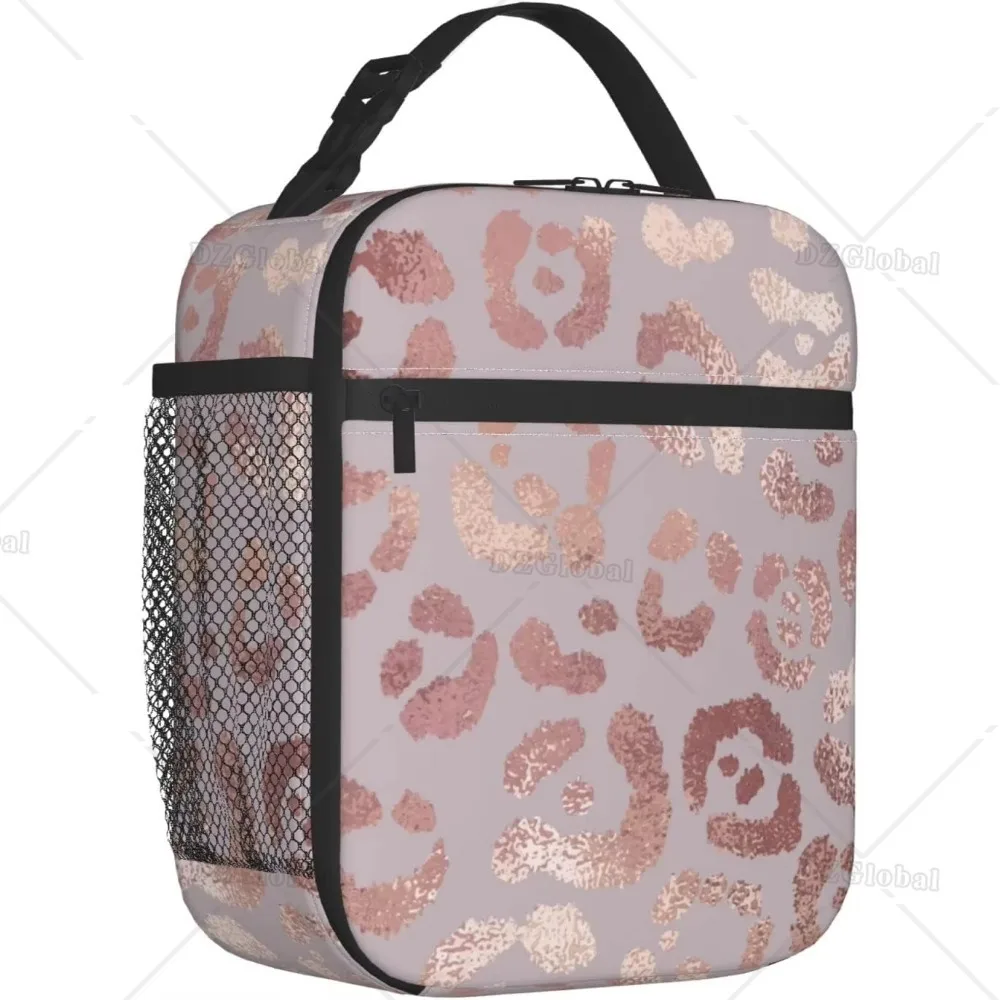 Rose Gold Leopard Lunch Box Reusable Insulated Lunch Bag Thermal Cooler Tote for Boys Girls Women School Picnic Travel Hiking