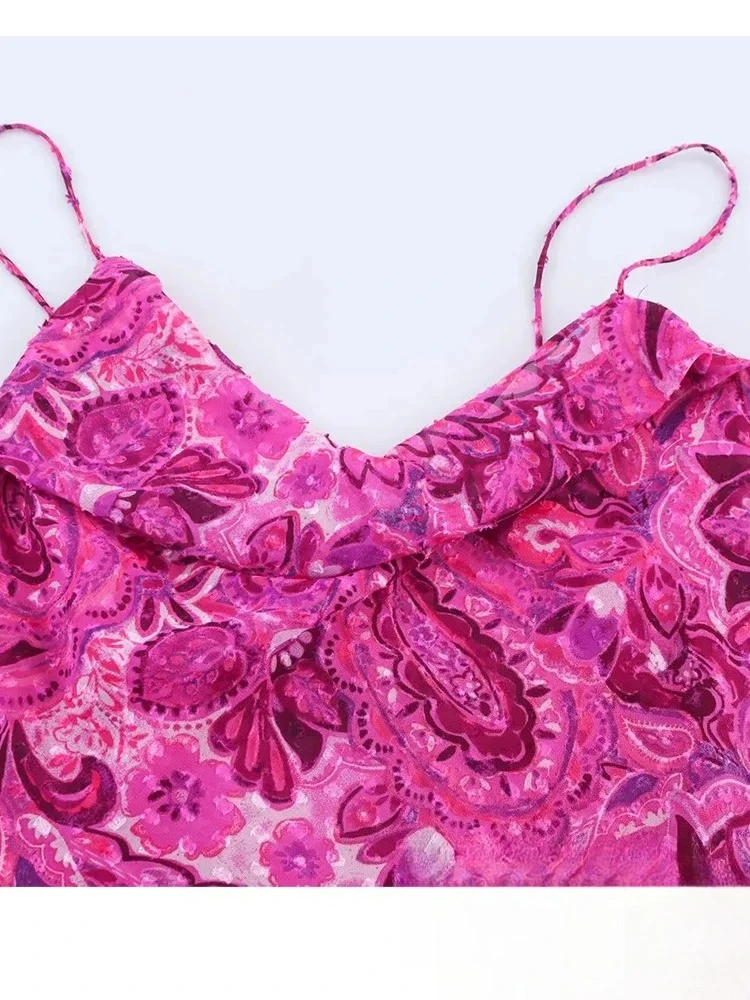 KONDALA Vintage Women Dress Print Cami Sleeveless Strap Zipper Side Split Long Straight Vestidos New Fashion 2025 Summer Dress