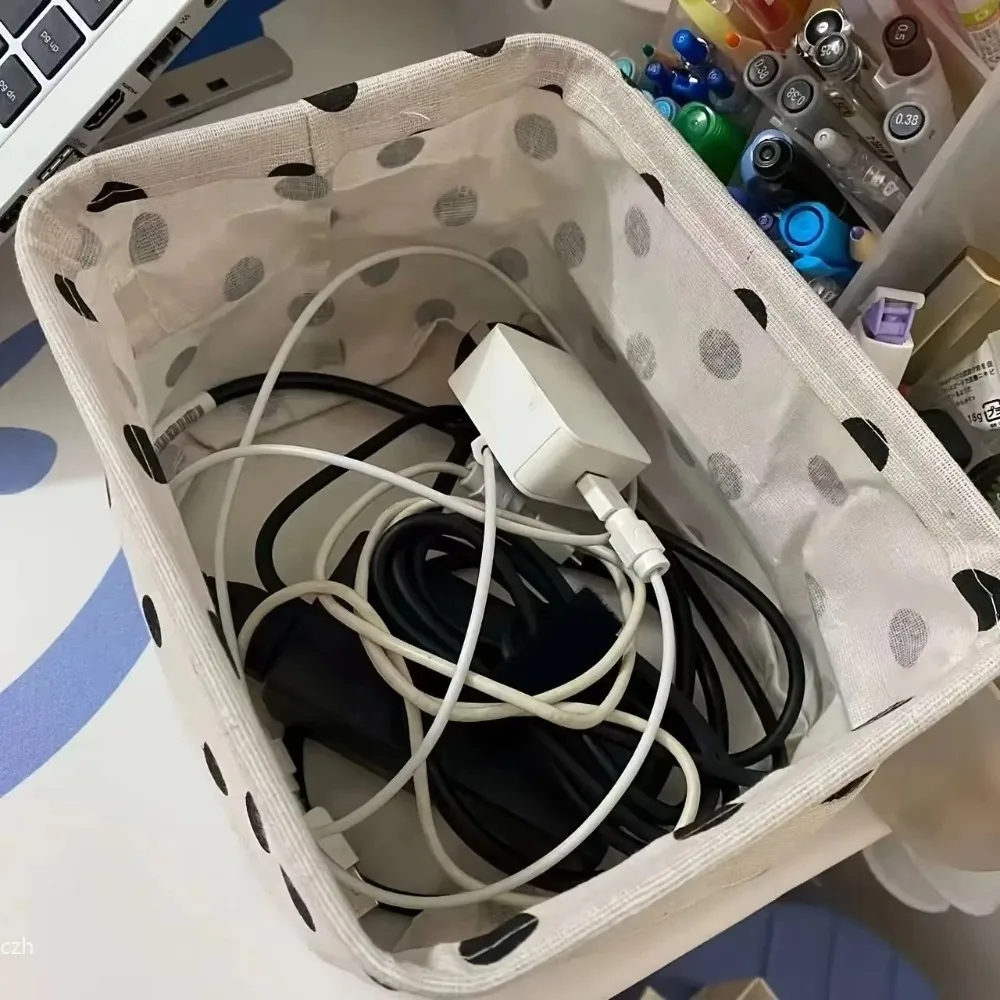 Polka Dot Pattern Storage Basket Foldable Structure Soft Fabric Material Fabric Organizer Bin Multi-Purpose Handle Design