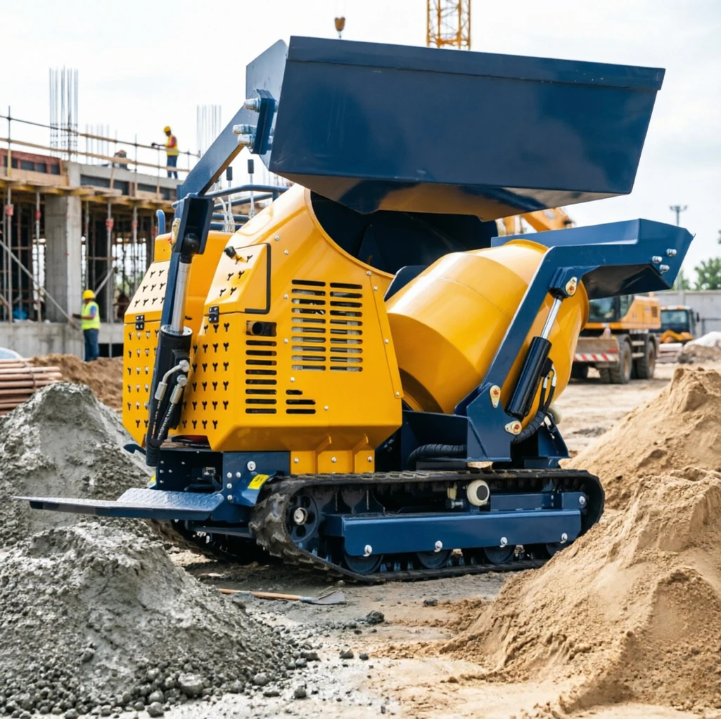 Hot sales Off-road Rubber Track Concrete Mixing Machine Self Propelled Self-feeding Bucket Mountain No Power Site Mix Equipment