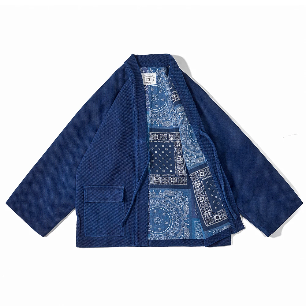 Japanese Vintage Heavy Kendo Indigo Robe Men Spring Autumn Cotton Multi-pocket Raglan Sleeve Jacket Casual Cardigan Coat