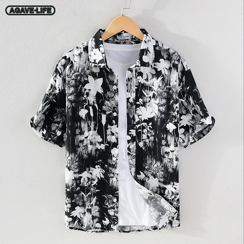 

Summer Men's Black White Floral Printed Linen Shirts Men's Short Sleeve Chinese Linen Shirt Youth Male Loose Cardigan Linen Tops