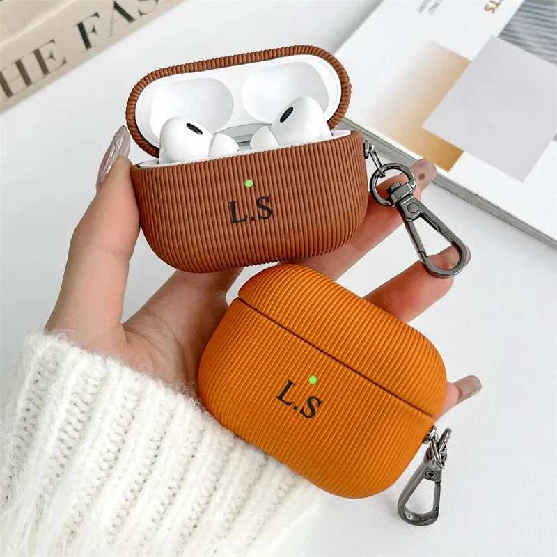 Luxury Corduroy Earphone Cover For Airpods 1 2 3 Pro 2 Stripe Leather Earphone Case With Keychain