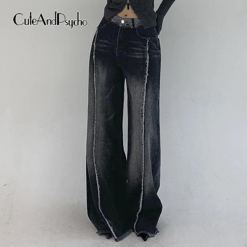 

Cuteandpsycho Chic Pockets Wide Leg Pants Vintage Aesthetic Casual Patchwork Jeans Streetwear Low Waist Fashion Denim Trousers