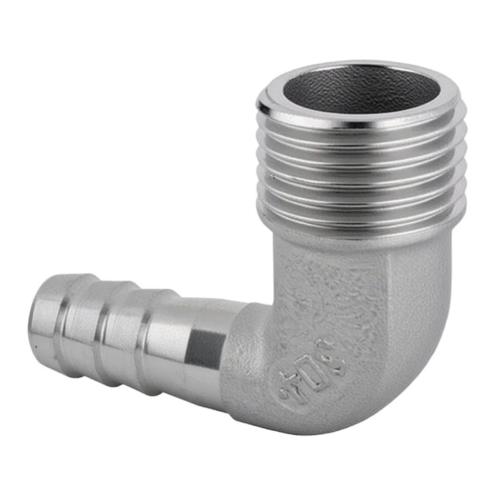 Stainless Steel 90 Degree Elbow Fitting for Hose Systems with NPT Male Pipe Thread and Barb End for Secure Fit